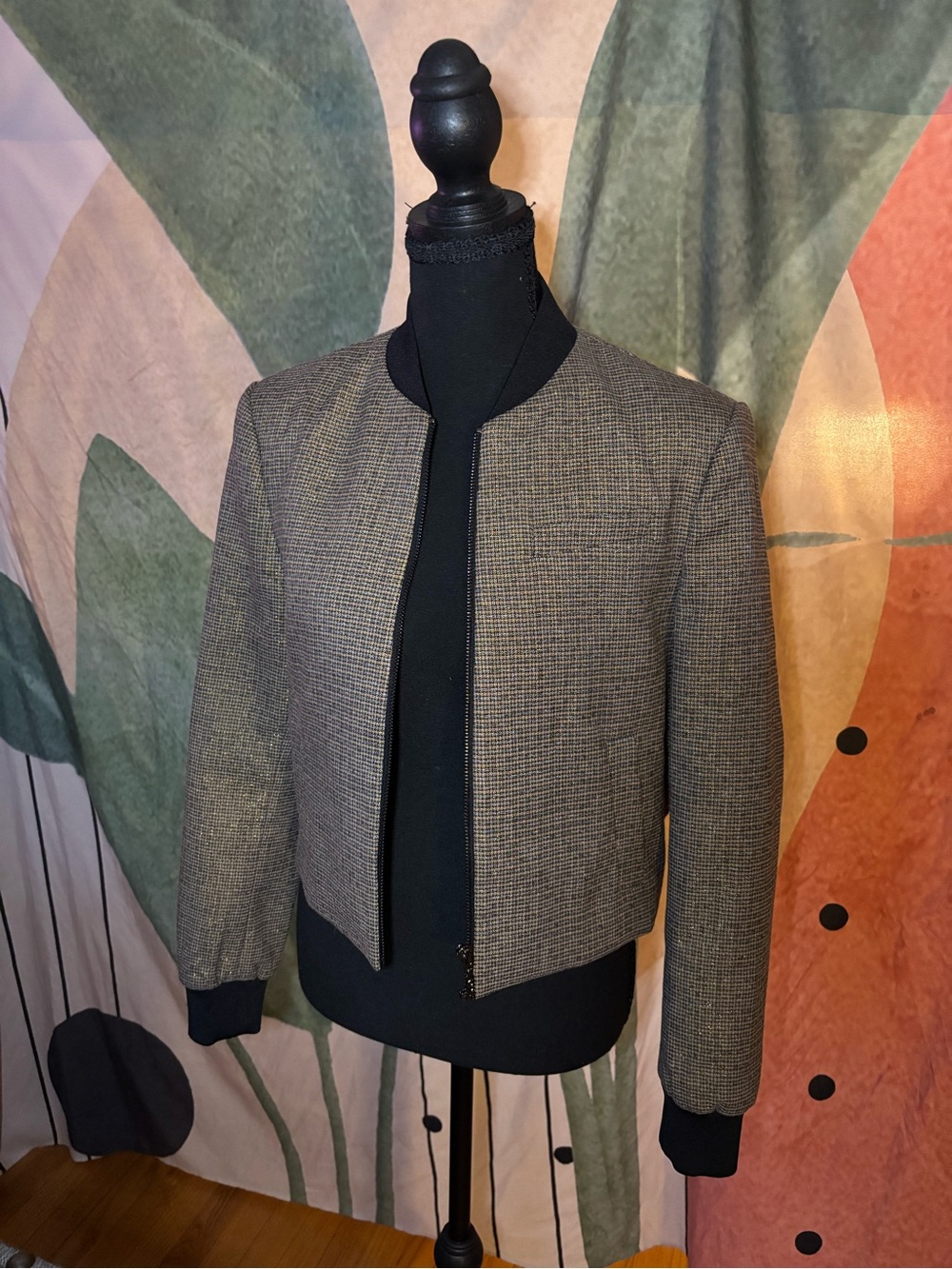 New DKNY Taupe Check Cropped Bomber Jacket